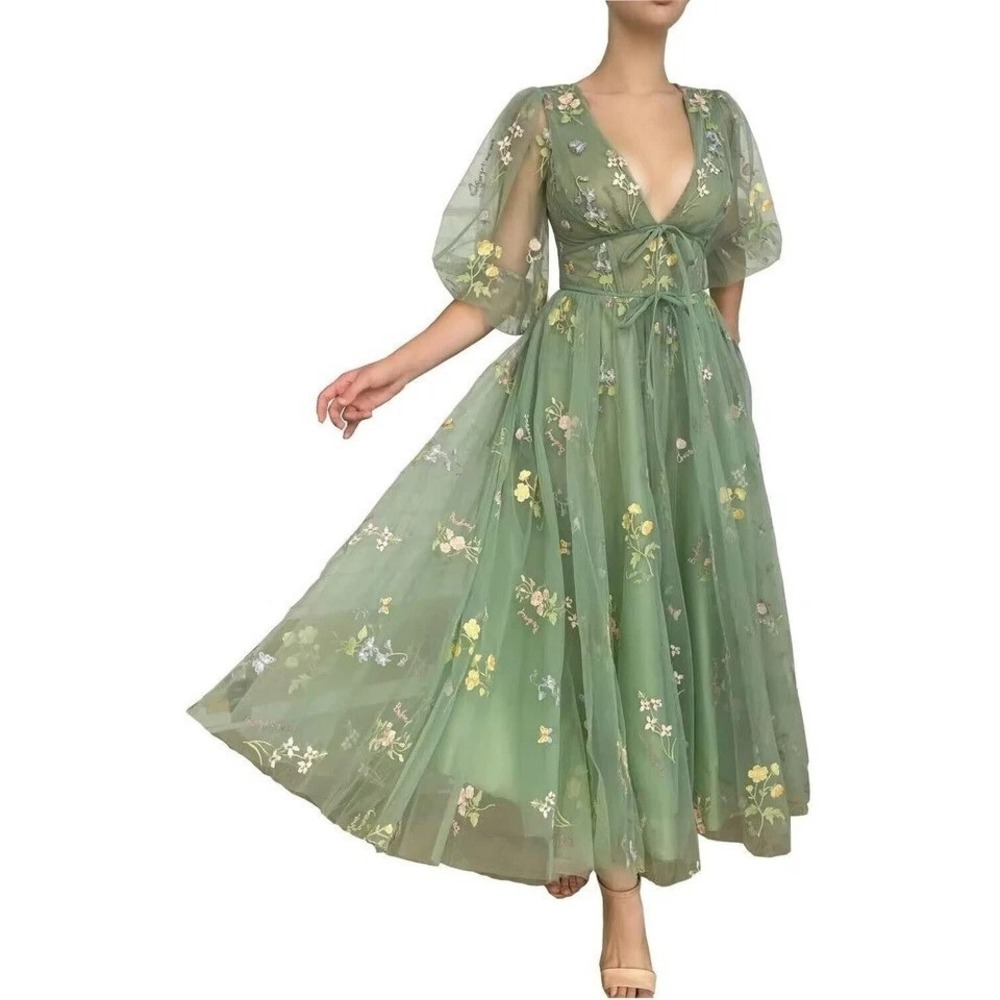Fairycore Princess  Fairy Floral Dress Corset Tulle Puff Sleeve Bust 32" Sm/Med